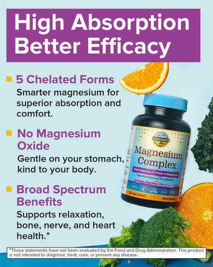 Terranics 5-in-1 Magnesium Complex Supplement 500mg - 5 Forms High Absorption Magnesium Glycinate Citrate Malate Aspartate Gluconate for Sleep Heart Health - Non-GMO 120 Vegan Capsules - Maple Wellness Supplements