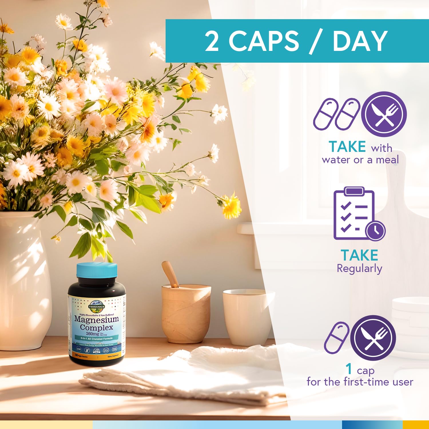 Terranics Magnesium Complex, 6-in-1, High Absorption, Glycinate, Citrate, Aspartate, Gluconate, Calmness, Heart, Bone, 240 Capsules, Non-Buffered - Maple Wellness Supplements