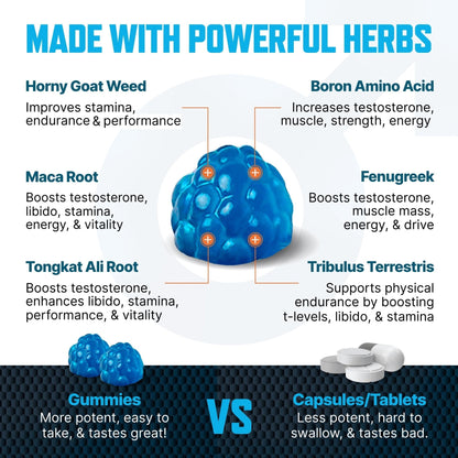 Testosterone Booster Gummies, Male Enhancing Supplement, Add 2 in” Enlargement Gummies for Men , Male Enhancement Chews Energy, Strength, Stamina, Endurance, Performance, Natural Blue Berry Chews - Maple Wellness Supplements