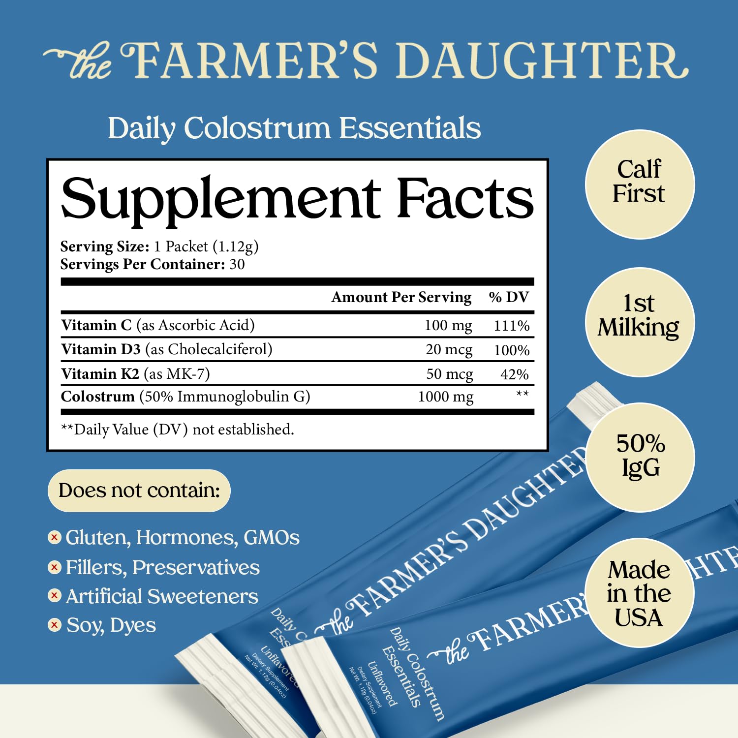 THE FARMER'S DAUGHTER Colostrum Powder | Unflavored | Gut Health & Bloating | Hair, Skin & Nails | Immunity Supplement | 30 Individual Travel Stick Packs - Maple Wellness Supplements