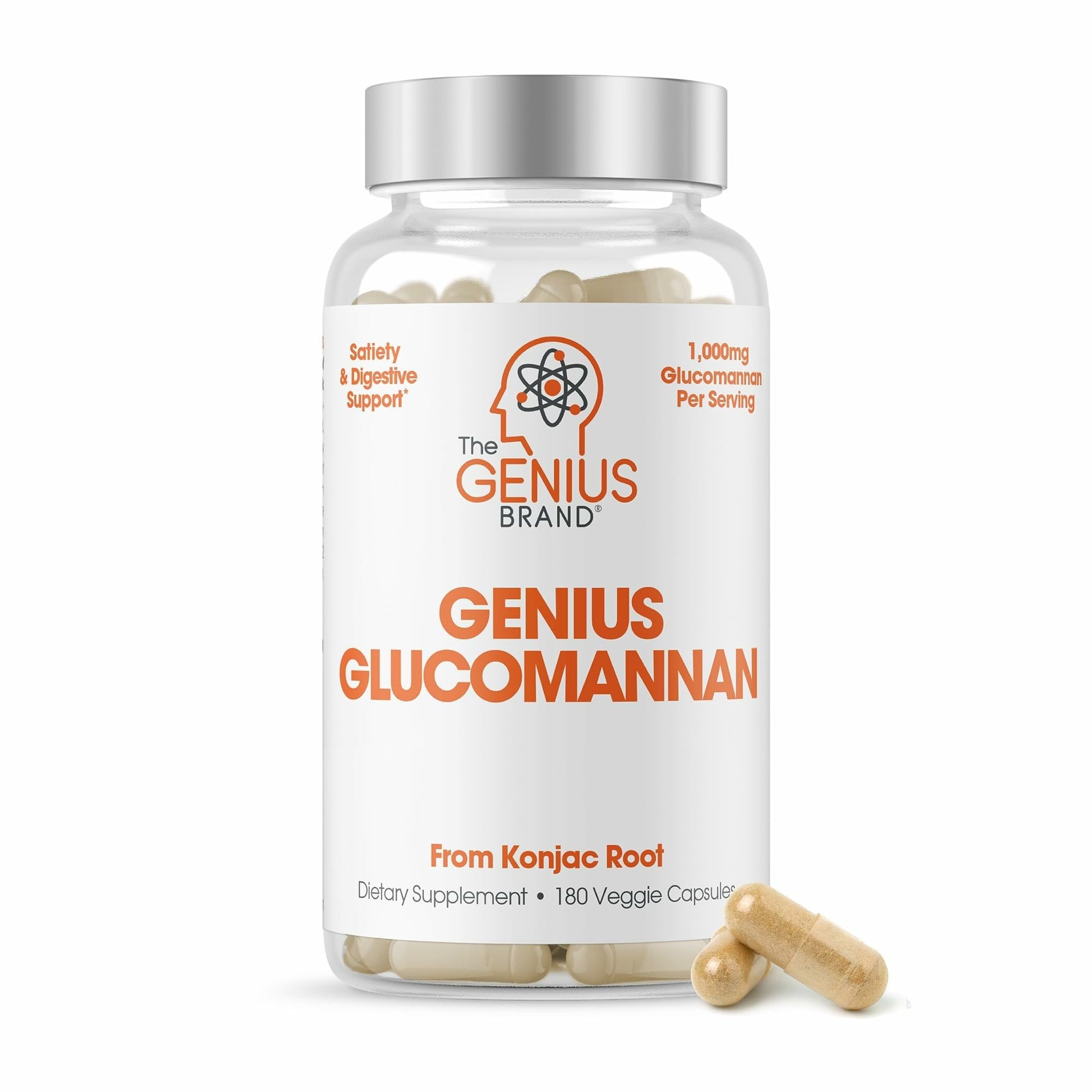 The Genius Brand Genius Glucomannan - Glucomannan Capsules for Digestive Health, Energy & Satiety Support - Natural Fiber for Stomach Comfort - Non-GMO & Vegan - 180 Veggie Capsules - Maple Wellness Supplements