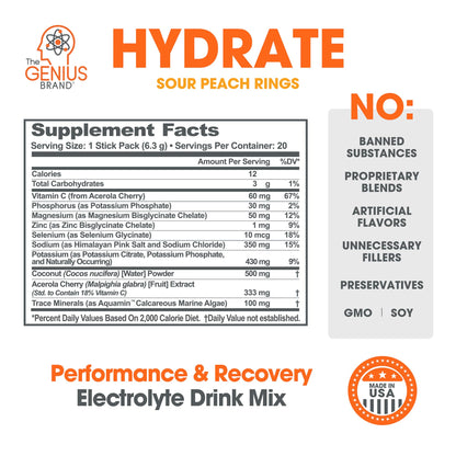 The Genius Brand Genius Hydrate - Electrolyte Supplement for Daily Hydration - Coconut Water - Sugar-Free - 8 Essential Minerals & Nutrients - Non-GMO - Sour Peach Rings - 20 Servings - Maple Wellness Supplements