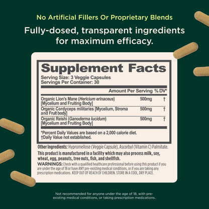 The Genius Brand Genius Mushrooms - Plant-Based Supplement for Immune, Focus & Energy Support - Lion's Mane, Cordyceps & Reishi - Maple Wellness Supplements
