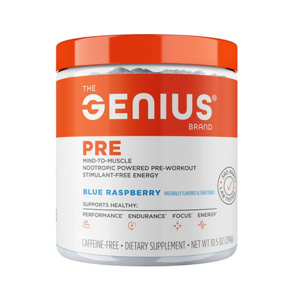 The Genius Brand Genius Pre - Clean Pre-Workout Powder for Energy, Focus & Fitness Support - No Artificial Flavors, Preservatives, or Proprietary Blends - Non-GMO - 20 Servings - Blue Raspberry - Maple Wellness Supplements