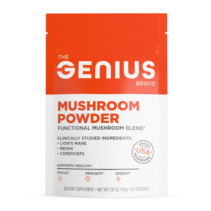 The Genius Brand Mushroom Powder - Includes Lion's Mane, Cordyceps & Reishi - Supports Brain Health, Immune System & Energy Levels - USDA Organic Mushroom Powder - 3.17 oz (60 Servings) - Maple Wellness Supplements