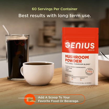 The Genius Brand Mushroom Powder - Includes Lion's Mane, Cordyceps & Reishi - Supports Brain Health, Immune System & Energy Levels - USDA Organic Mushroom Powder - 3.17 oz (60 Servings) - Maple Wellness Supplements