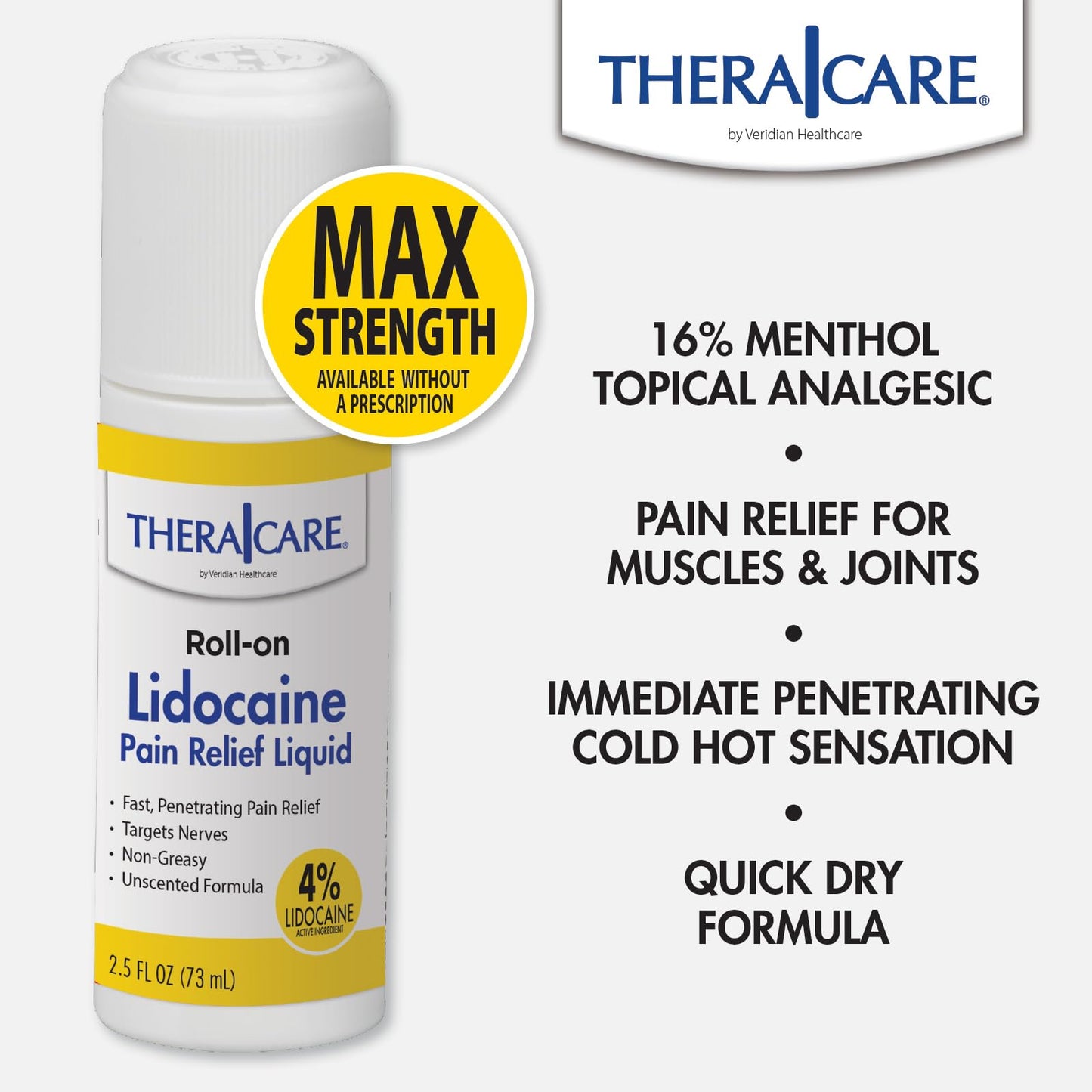 TheraCare 4% Lidocaine Roll-On | OTC Strength | Pain Relief Liquid | 2.5 oz. 73 mL | Non-Greasy, Unscented Formula | Topical Anesthetic - Maple Wellness Supplements