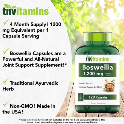 tnvitamins Boswellia Extract Capsules, 120 Count | 1,200 mg Per Capsule | 65% Boswellic Acids + 10:1 Concentrated Extract | Boswellia Serrata - Maple Wellness Supplements