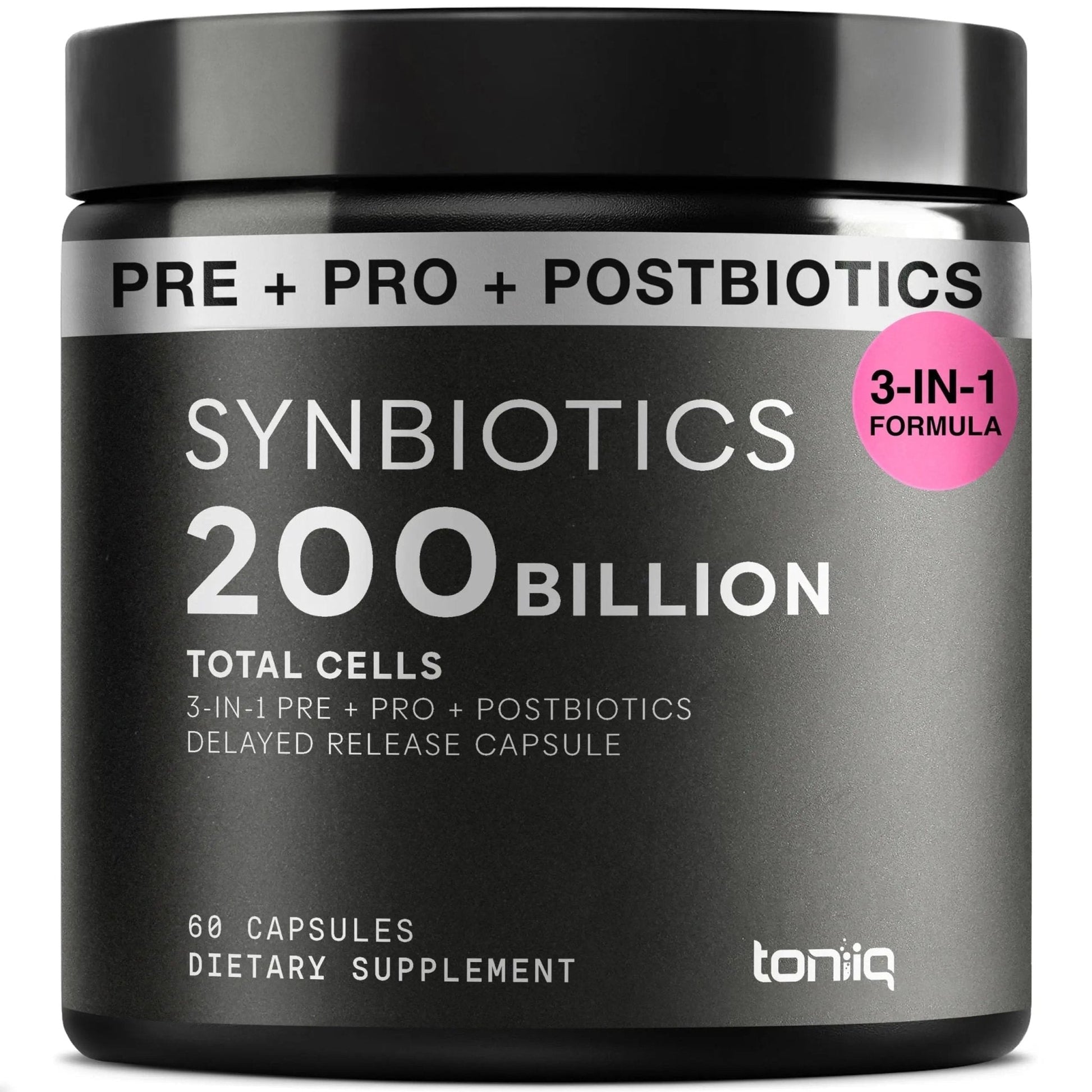 Toniiq Prebiotics and Probiotics – 200B TFU with Postbiotics IMMUSE® & ButyraGen® – 30 Strains – Shelf-Stable Synbiotic Formula – Third-Party Tested – 60 Capsules - Maple Wellness Supplements