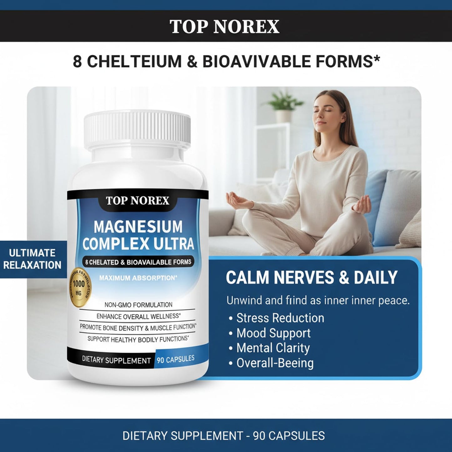 Top Norex Magnesium Complex Ultra - 8 Elemental 1000mg Magnesium Blend, Easy Absorption, 90 Capsules (1) - Maple Wellness Supplements