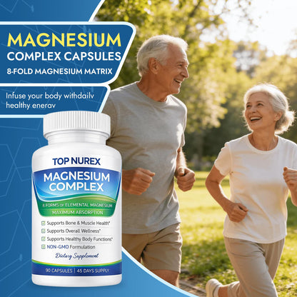 Top Nurex Magnesium Complex 1000 mg, 8-Source Magnesium Blend with Glycinate, Citrate, Malate & Taurate, Vegan Formula, Non-GMO, 90 Capsules - Maple Wellness Supplements