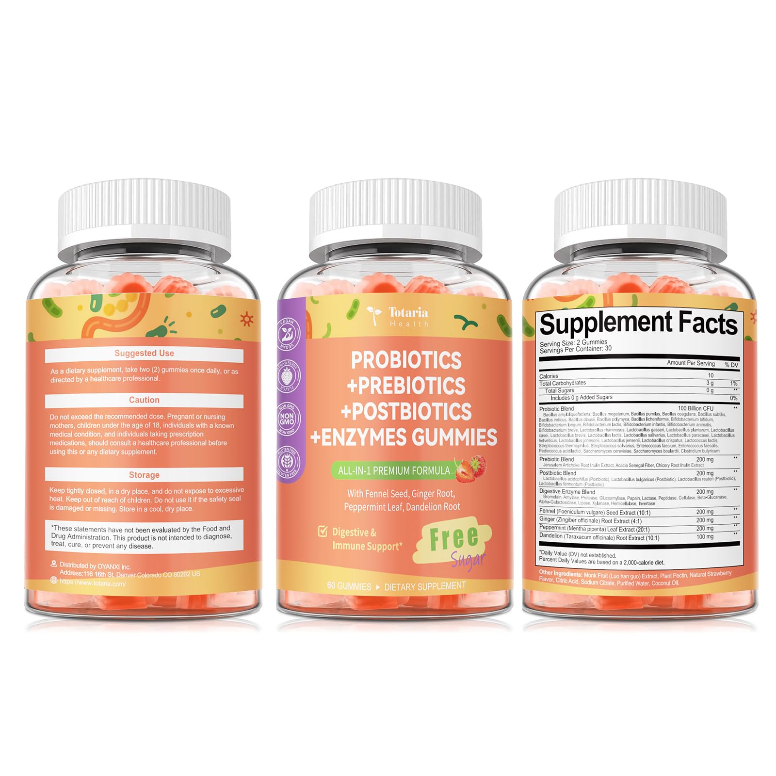 Totaria Sugar Free 5-in-1 Probiotic Prebiotic Postbiotic Gummy, 36 Strains Probiotics for Women Men with Digestive Enzymes, Peppermint, Complete Immune, - Maple Wellness Supplements