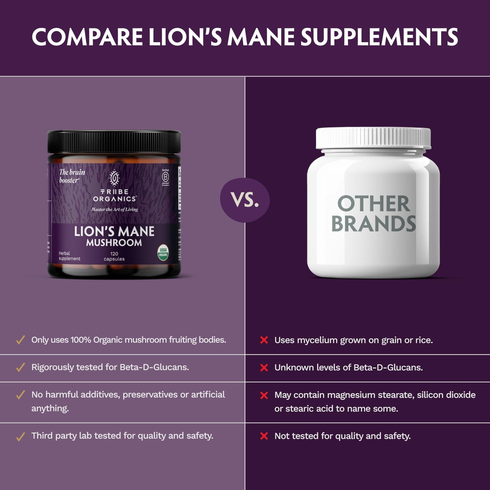 TRIBE ORGANICS Lion’s Mane Supplement 1000mg Mushroom Extract Powder - Immune System Booster & Brain Nootropic for Focus and Memory | Mental Clarity | Natural Energy and Immunity - 120 Vegan Capsules - Maple Wellness Supplements