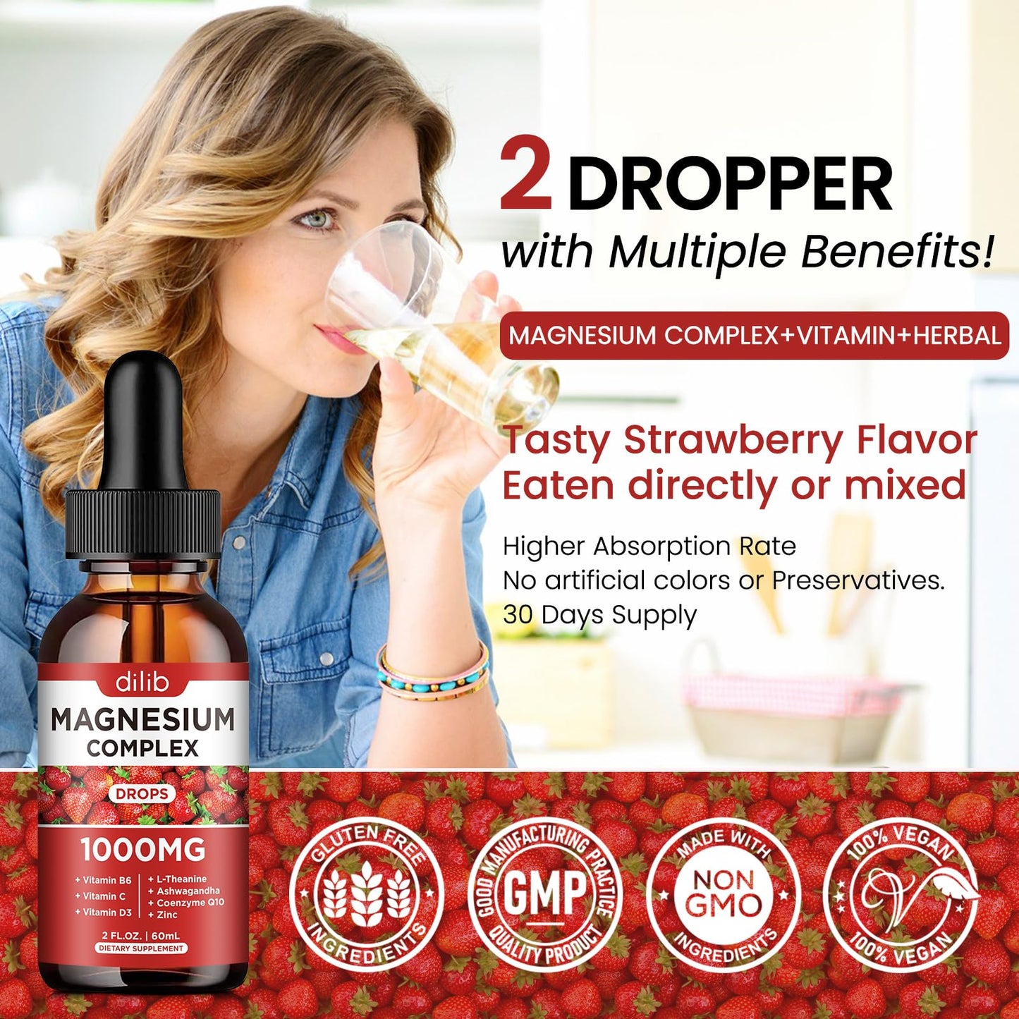 Triple Magnesium Complex Supplement, Magnesium Glycinate, Blend, Citrate Liquid Drops 1000mg with Ashwagandha, CoQ10, Vitamin B6, C, D, Zinc -Support Calm Stress Relief, Bone, Muscle, Mood Vegan - Maple Wellness Supplements