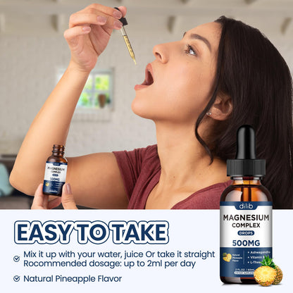 Triple Magnesium Complex Supplement-Magnesium Glycinate, Citrate, Malate Liquid Drops 500mg with Ashwagandha, L-Theanine, Vitamin B6 for Calm, Stress Relief, Sleep, Muscle Support-Pineapple Flavor - Maple Wellness Supplements