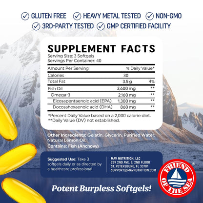 Triple Strength Omega 3 Fish Oil 3600 mg | EPA & DHA | Over 2100mg Omega-3 Fatty Acids | 1300mg EPA + 860mg DHA | Best Essential Fatty Acids | Premium Wild Caught & Burpless Fish Oil | 120 Ct - Maple Wellness Supplements