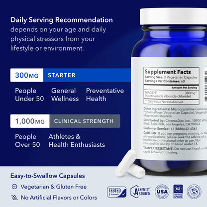 TRU NIAGEN Patented NAD Supplement for Brain Function, Anti Aging & Cell Regeneration, Niagen, 60 300mg Servings | Supports Cellular Energy, Muscle | Nicotinamide Riboside (NR) Take 2 Daily | 1 Bottle - Maple Wellness Supplements