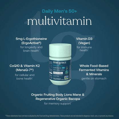 True Grace Daily Men’s Multivitamin 50+ - 60 Easy-to-Swallow Tablets - Immune, Energy, Longevity & Memory Support - Maple Wellness Supplements