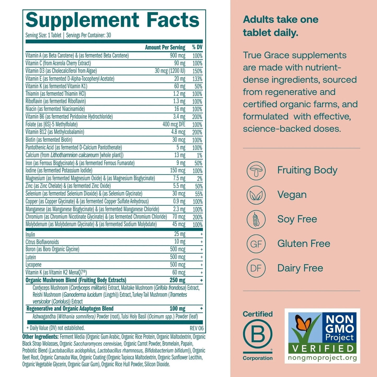 True Grace One Daily Women’s Multivitamin Fermented Minerals, Organic Adaptogens & Mushrooms Whole Body Balance, Immune, Energy, Beauty Support - Maple Wellness Supplements
