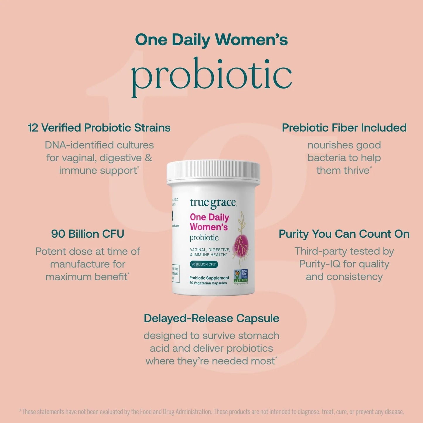 True Grace One Daily Women’s Probiotic - 30 Vegetarian Capsules - 90 Billion CFU - Digestive, Vaginal & Immune Health - Gluten & Soy Free - Maple Wellness Supplements