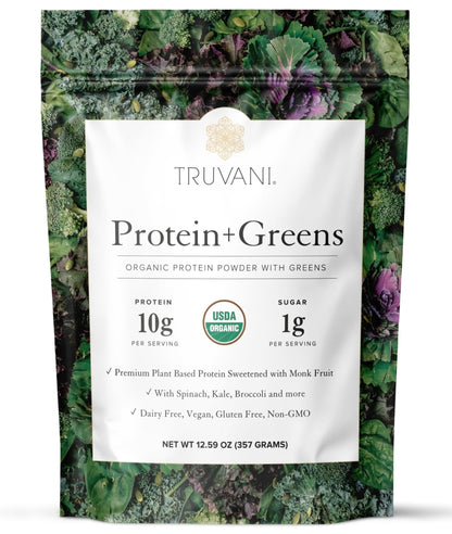 Truvani Protein + Greens Supplement | Spinach, Kale & Broccoli | 10g Organic Plant Based Protein | 20 Servings | USDA Organic | Gluten & Dairy Free - Maple Wellness Supplements
