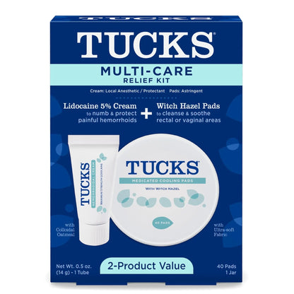 Tucks Multi-Care Relief Kit – 40 Count Witch Hazel Pads & 0.5 oz. Lidocaine Cream - Protects from Irritation, Hemorrhoid Treatment Medicated Pads Used by Hospitals - Maple Wellness Supplements