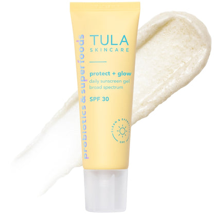TULA Skin Care Protect + Glow Daily Sunscreen - Gel, Broad Spectrum SPF 30, Skincare-First, Non-Greasy, Non-Comedogenic and Reef-Safe with Pollution and Blue Light Protection, Regular, 1.7 fl oz. - Maple Wellness Supplements