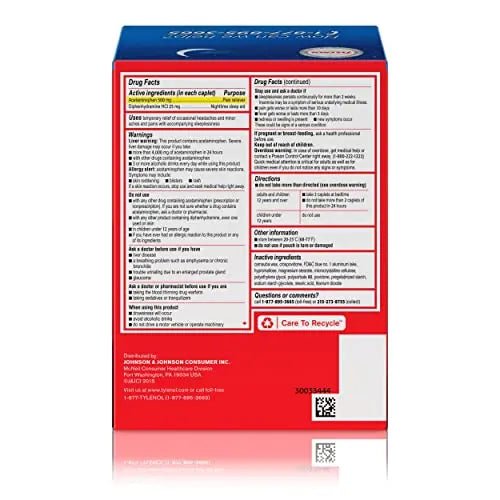 Tylenol PM Extra Strength Nighttime Pain Reliever Sleep Aid Caplets with Acetaminophen & Diphenhydramine HCl, Relief for Nighttime Aches & Pains, Travel Size, 50 Packs of 2 Caplets - Maple Wellness Supplements