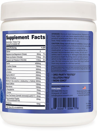 Type Zero Amino Burn - Vegan BCAA + Clean Pre Workout Powder with Arginine AKG, L-Citrulline & Beta Alanine - Amino Acid Clean Energy, Endurance & Hydration Supplement - Blue Raspberry, 30 Servings - Maple Wellness Supplements