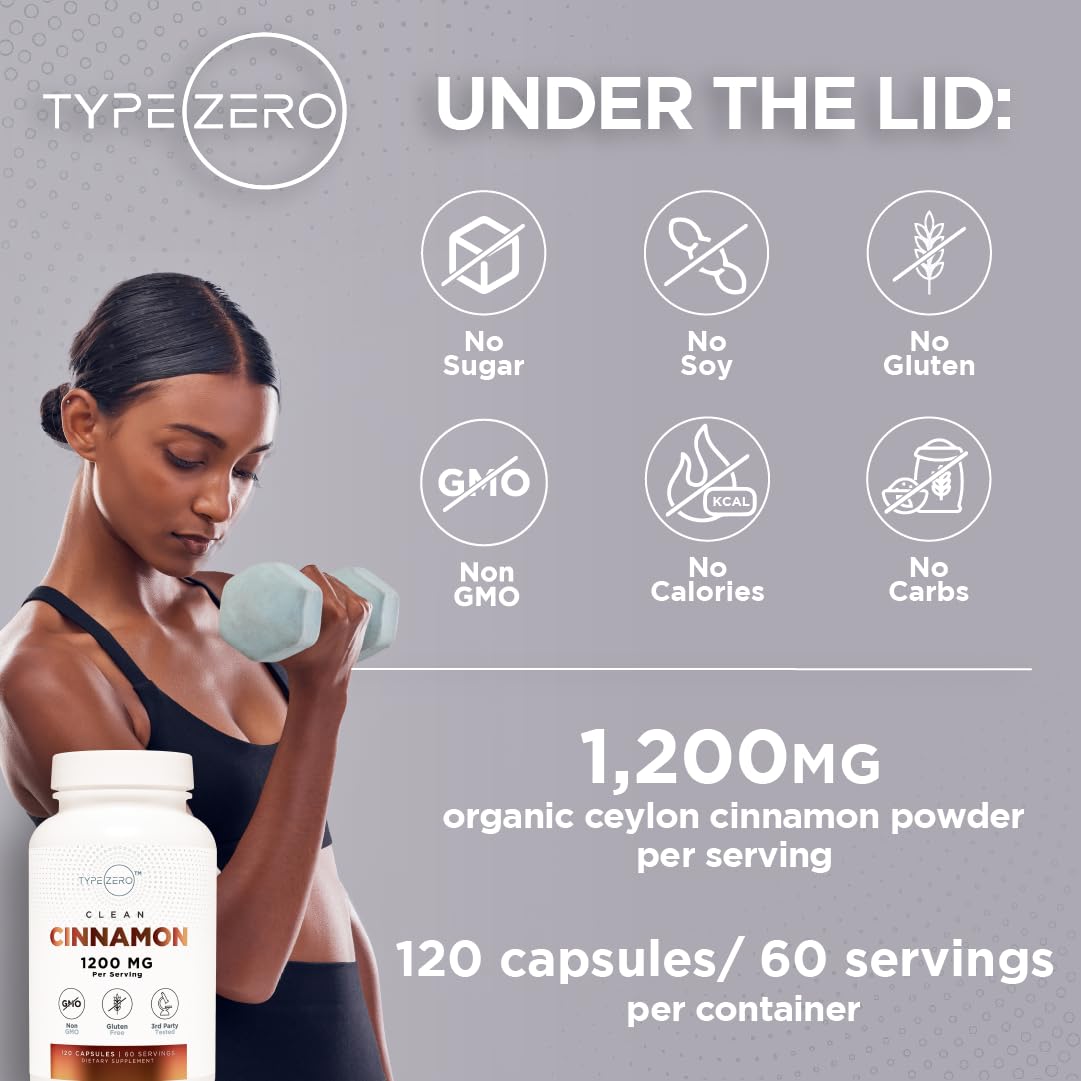 Type Zero Ceylon Cinnamon Capsules (1200mg | 120 Capsules) - Natural, Non-GMO, Gluten Free, Organic Cinnamon Bark Supplement - Maple Wellness Supplements