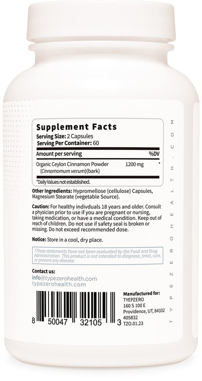 Type Zero Ceylon Cinnamon Capsules (1200mg | 120 Capsules) - Natural, Non-GMO, Gluten Free, Organic Cinnamon Bark Supplement - Maple Wellness Supplements