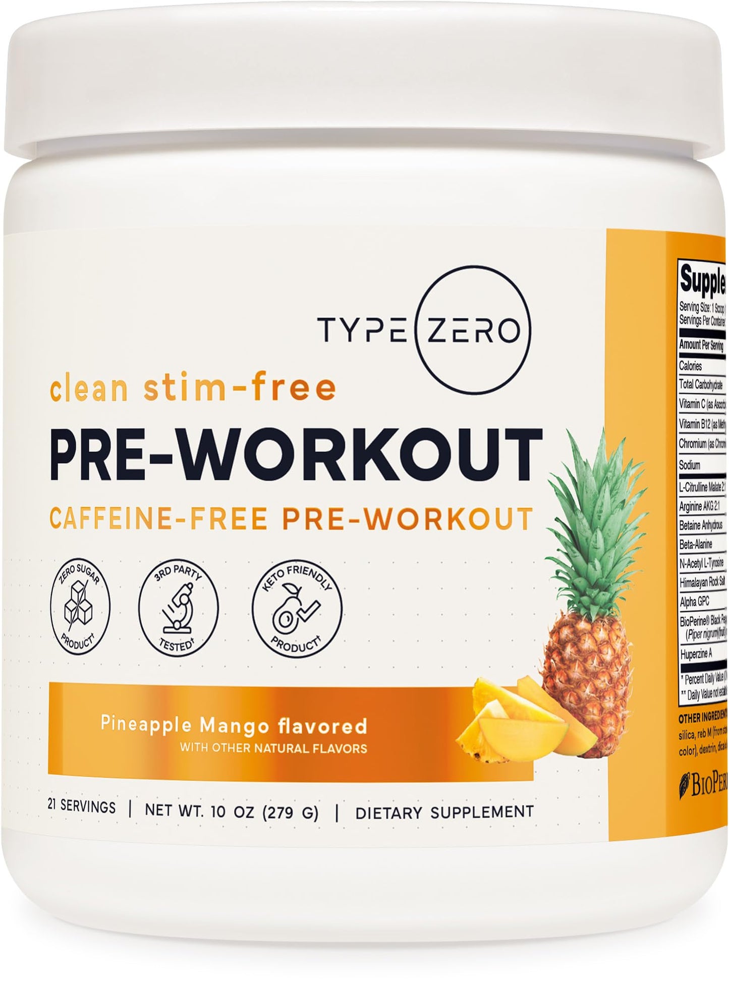 Type Zero Clean Stim Free Pre Workout Powder + Nitric Oxide Booster with L-Citrulline Malate, Arginine AKG, Beta Alanine - Caffeine & Stimulant Free - Pineapple Mango Flavor, 21 Servings - Maple Wellness Supplements