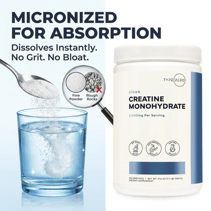 Type Zero Creatine Monohydrate Powder (Unflavored | 500g), 5000 mg Per Serving, Micronized, Zero Sugar, Keto Friendly & Gluten Free, 100 Servings - Maple Wellness Supplements