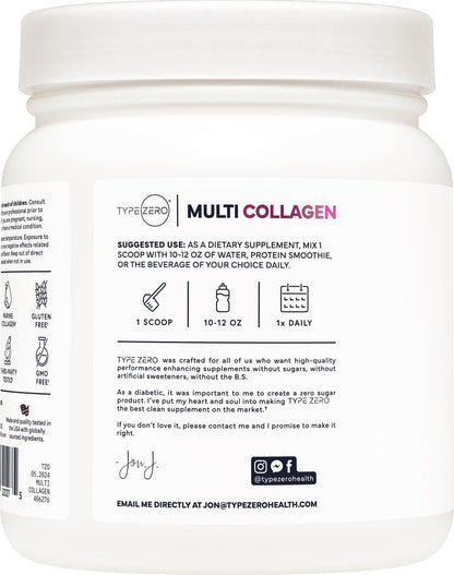 Type Zero Multi Collagen Powder 30 Servings (Unflavored) - Types I, II, III, V, & X Collagen Peptides + Hyaluronic Acid, VIT C, Biotin - Maple Wellness Supplements