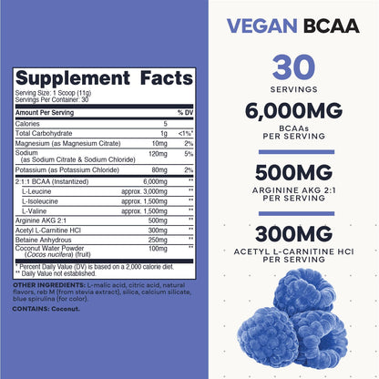 Type Zero Ultra Clean Vegan BCAA Powder + Electrolytes (Blue Raspberry | 6G) 2:1:1 Sugar-Free/No Sucralose BCAAs Amino Acids Supplement - BCAA Vegan Amino Acids After Workout Drink, 30 Servings - Maple Wellness Supplements