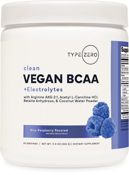 Type Zero Ultra Clean Vegan BCAA Powder + Electrolytes (Blue Raspberry | 6G) 2:1:1 Sugar-Free/No Sucralose BCAAs Amino Acids Supplement - BCAA Vegan Amino Acids After Workout Drink, 30 Servings - Maple Wellness Supplements