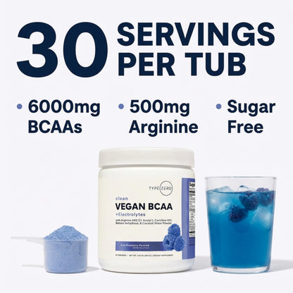 Type Zero Ultra Clean Vegan BCAA Powder + Electrolytes (Blue Raspberry | 6G) 2:1:1 Sugar-Free/No Sucralose BCAAs Amino Acids Supplement - BCAA Vegan Amino Acids After Workout Drink, 30 Servings - Maple Wellness Supplements