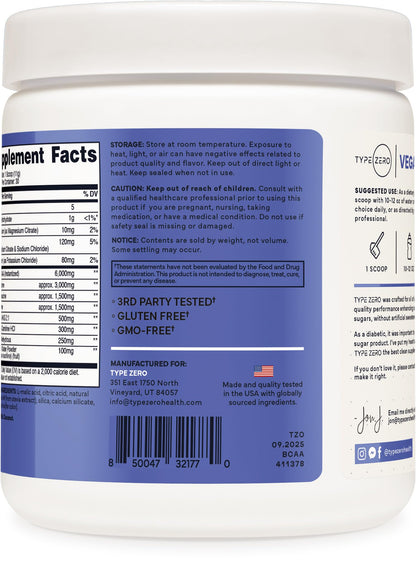 Type Zero Ultra Clean Vegan BCAA Powder + Electrolytes (Blue Raspberry | 6G) 2:1:1 Sugar-Free/No Sucralose BCAAs Amino Acids Supplement - BCAA Vegan Amino Acids After Workout Drink, 30 Servings - Maple Wellness Supplements