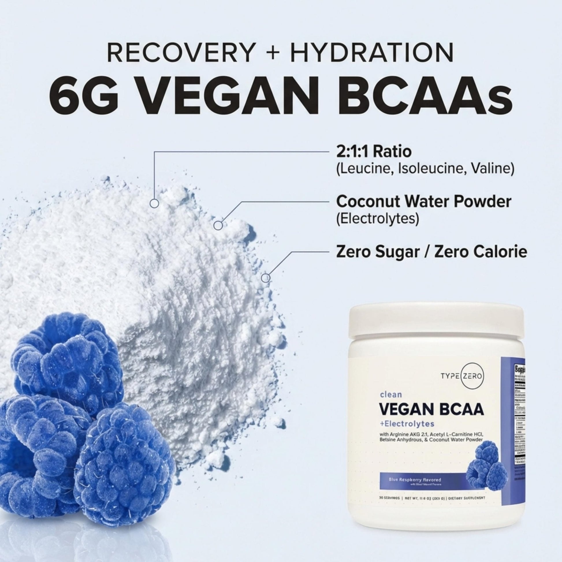 Type Zero Ultra Clean Vegan BCAA Powder + Electrolytes (Blue Raspberry | 6G) 2:1:1 Sugar-Free/No Sucralose BCAAs Amino Acids Supplement - BCAA Vegan Amino Acids After Workout Drink, 30 Servings - Maple Wellness Supplements