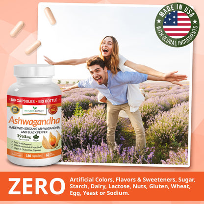 UDAF Certified Organic Ashwagandha with Black Pepper, 1965mg - Extra Strength for Stress, Sleep, Mood, Thyroid, Energy, Hair, Vegan Pure Root Extract Powder Supplement for Men and Women | 180 Capsules - Maple Wellness Supplements