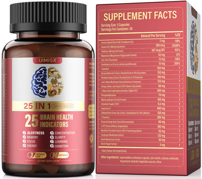 UIMISX Brain Supplement for Mental Alertness, Memory, Focus & Energy, Alpha GPC, Huperzine-A, L-Tyrosine, Phosphatidylserine, Vitamins B6 B12, High Absorption, 90 Capsules - Maple Wellness Supplements