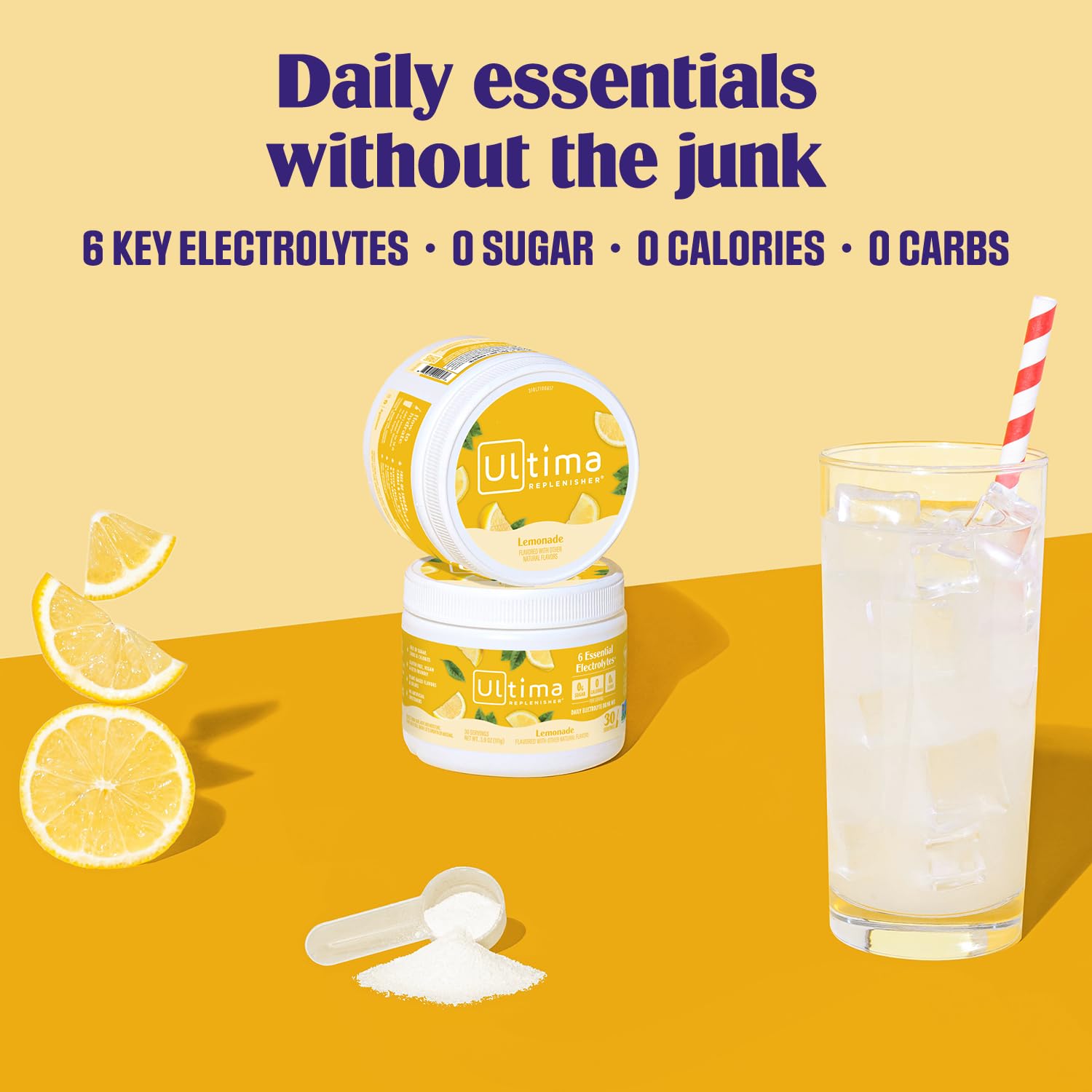 Ultima Replenisher Daily Electrolyte Powder Drink Mix – Lemonade, 30 Servings Canister – Zero Sugar Hydration Powder with 6 Electrolytes & Minerals - Maple Wellness Supplements