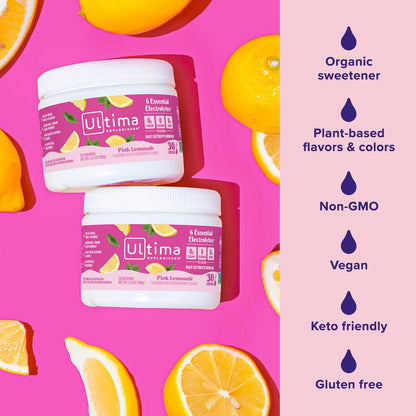 Ultima Replenisher Daily Electrolyte Powder Drink Mix – Pink Lemonade, 30 Servings Canister – Zero Sugar Hydration Powder with 6 Electrolytes & Minerals - Maple Wellness Supplements