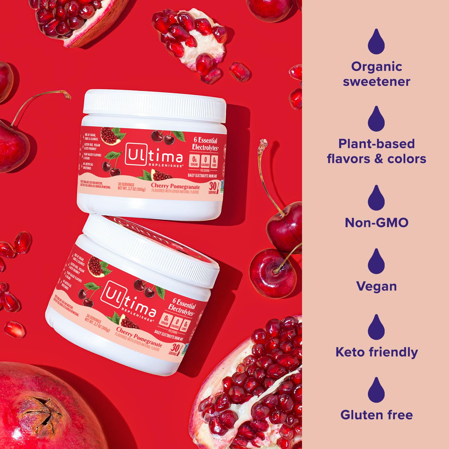 Ultima Replenisher Daily Electrolyte Powder Drink Mix – Sugar Free – Cherry Pomegranate, 30 Servings – Hydration Powder with 6 Electrolytes - Maple Wellness Supplements