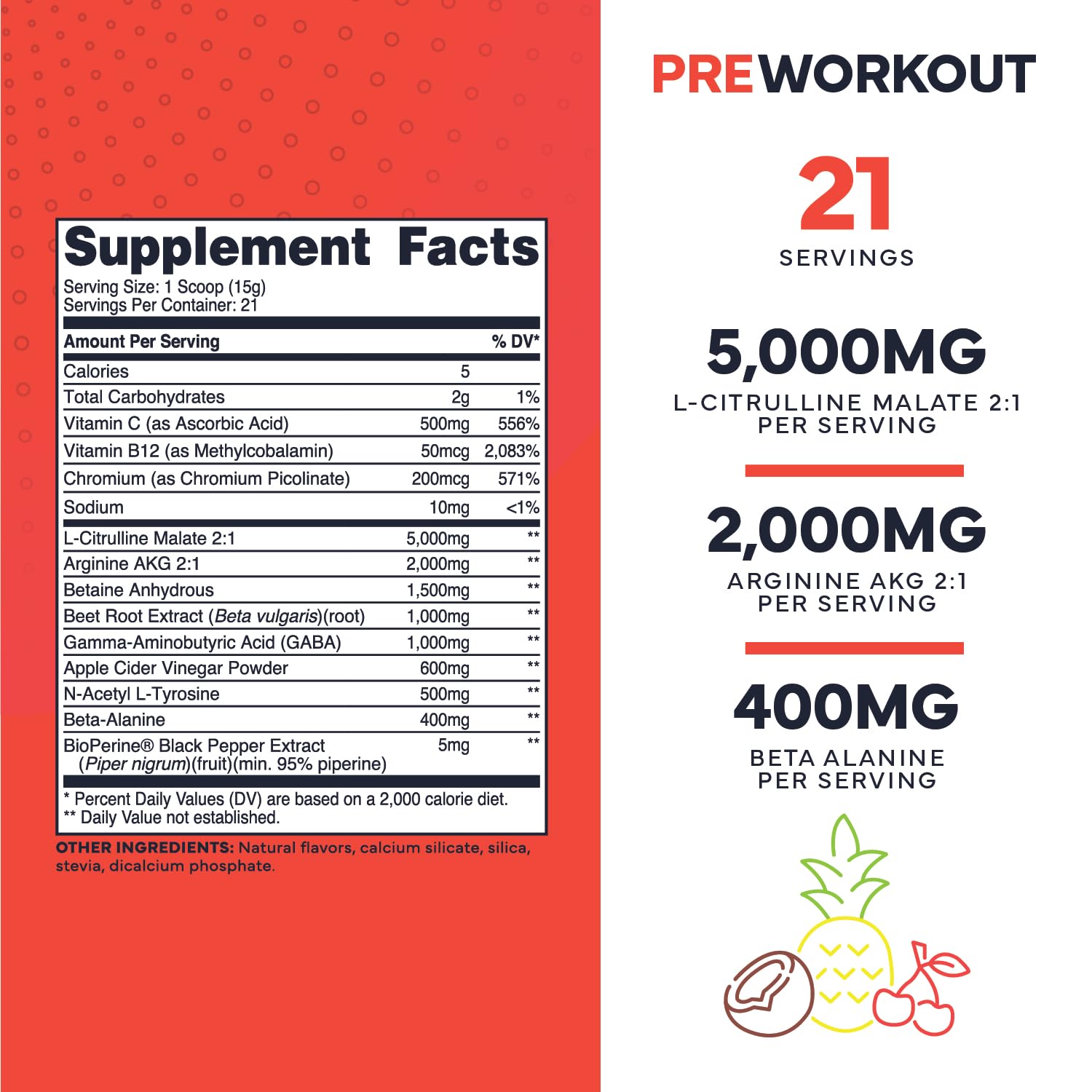 Ultra Clean Stim Free Pump Pre Workout + Nitric Oxide Booster (Fruit Punch) Beetroot, 7G Arginine Citrulline Malate, Betaine, Beta A, ACV+ - Sugar/Caffeine Free Natural Non Stim Preworkout Men & Women - Maple Wellness Supplements