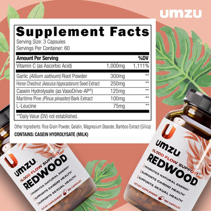UMZU Redwood Nitric Oxide Booster, (30 Day Supply) – Vitamin C, Garlic & Horse Chestnut – Healthy Circulation & Endurance – Daily Cardiovascular Support Nitric Oxide - Maple Wellness Supplements