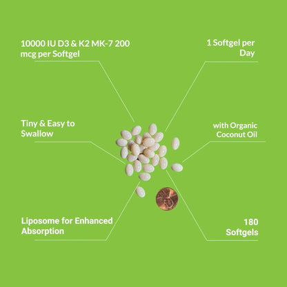 UpNourish Liposomal D3 K2 Vitamin 10000 IU D3 and K2 MK-7 200 mcg - 180 Vitamin D3 k2 (Vitamina D3 con K2) Mini Softgels - Easy to Swallow K2 D3 Vitamin - Maple Wellness Supplements