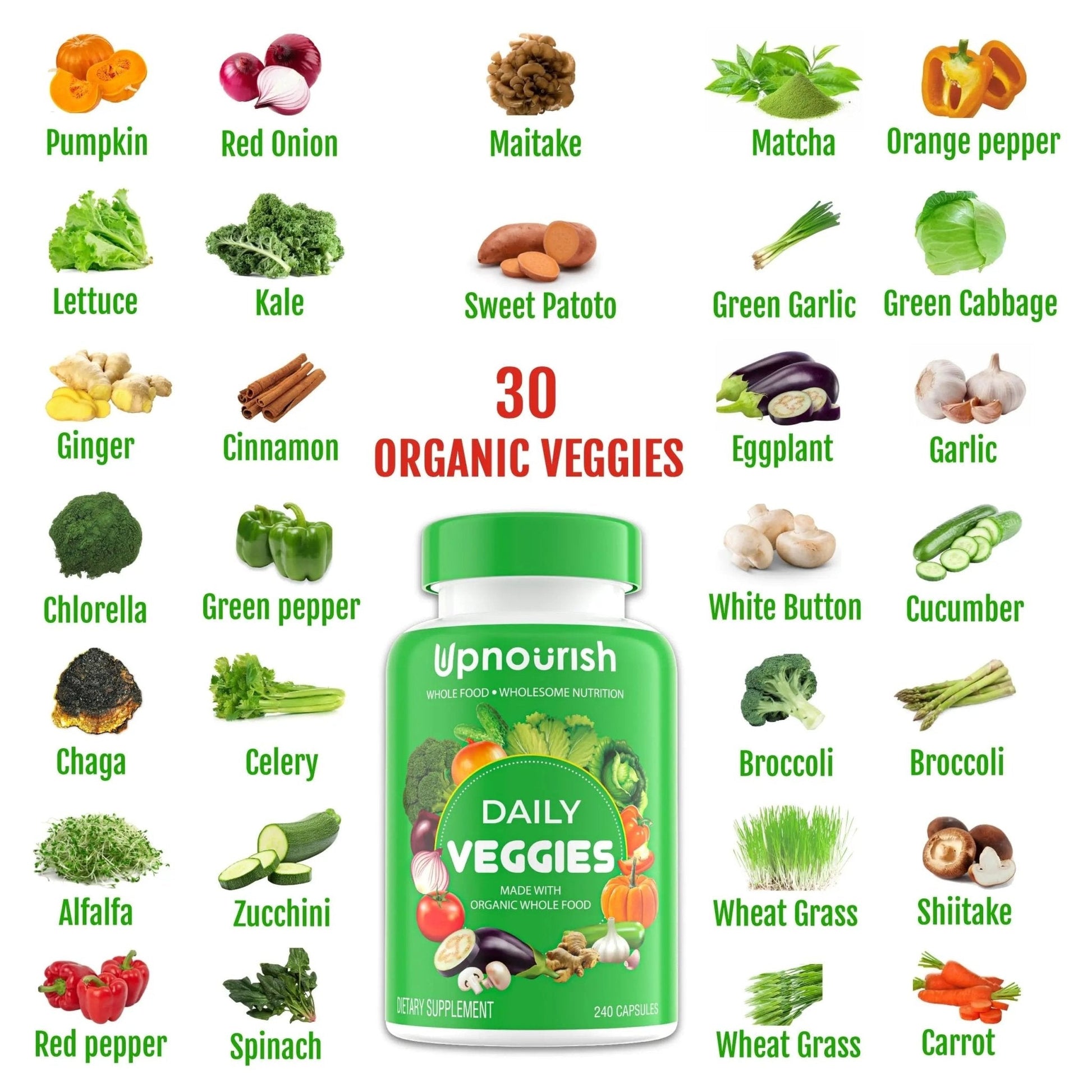 UpNourish Organic Fruits and Veggies Supplement - Support Diet Balance, Body Cleanse & Energy - 480 Fruits and Super Greens Capsules from Nature - Fruit and Vegetable Supplements for Adults & Kids - Maple Wellness Supplements