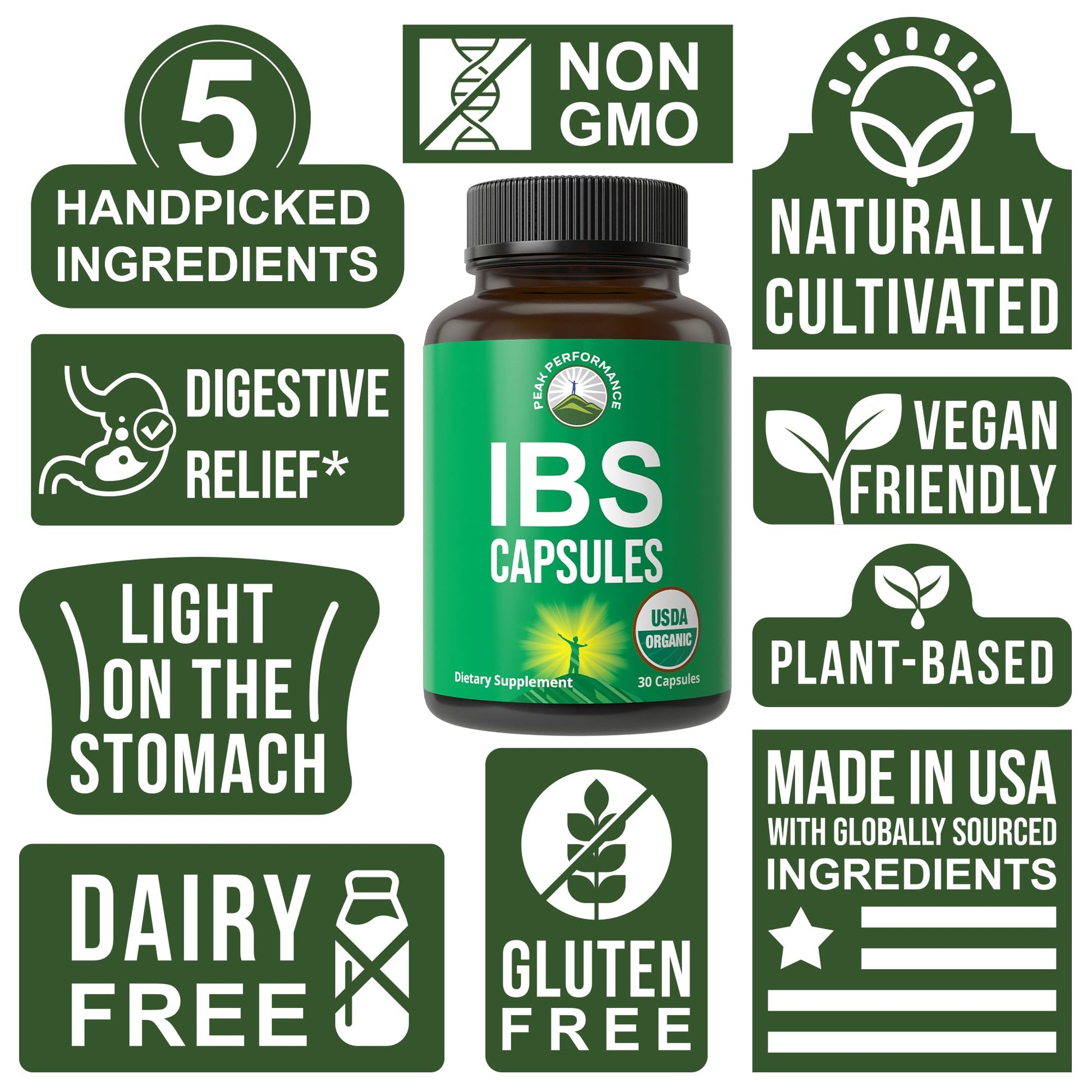 USDA Organic IBS Capsules for Relief, Ingestion, Bloating, Gas. Irritable Bowel Supplement with 5 Handpicked Organic Ingredients. Peppermint Oil, Sea Buckthorn, Fennel Seed, Rosemary Leaf, Basil Leaf - Maple Wellness Supplements
