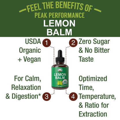 USDA Organic Lemon Balm Tincture. Liquid Organic Lemon Balm Oil Drops Supplement for Relaxation, Calm, Digestion. Vegan Leaf Extract. Zero Sugar, Gluten Free Supplements for Women and Men - Maple Wellness Supplements